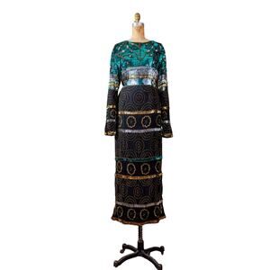 VTG Sequin Party Dress, Teal Gold Beaded Cocktail Gown, Cleopatra Glam Dress, LG